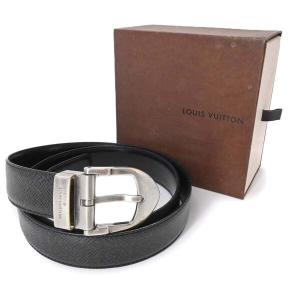LOUIS VUITTON Santur Classic Belt Taiga Leather Black #110 M6843